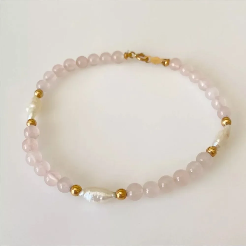 Vintage 14k Yellow Gold Pearl Rose Quartz Bead Ball Bracelet 7
